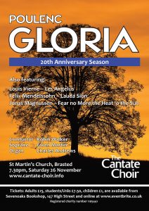 Poster for Cantate Choir's November 2022 20th Anniversary concert of Poulenc's Gloria